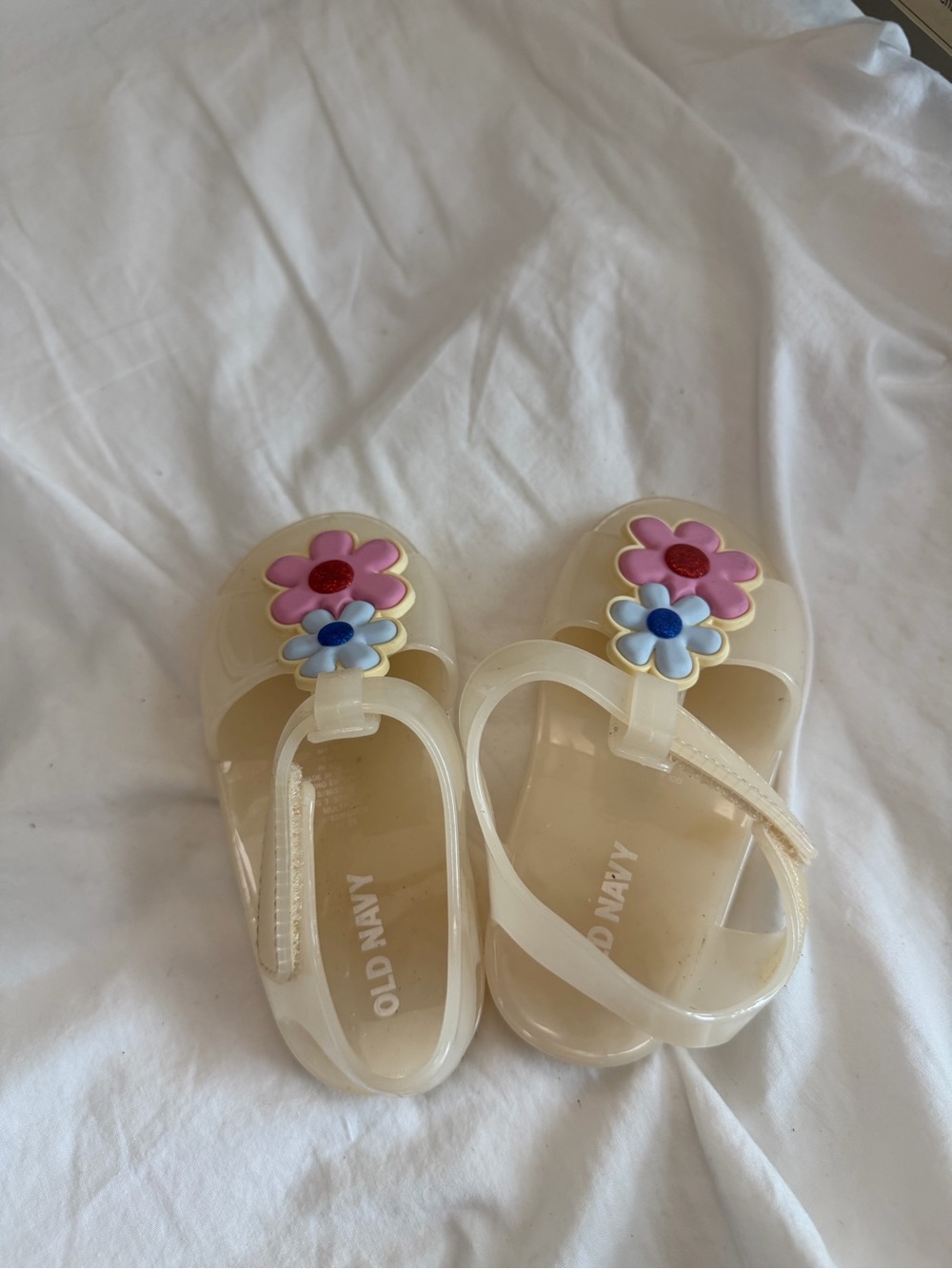 Old Navy Cream Jelly Sandals with Pink and Blue Flower Charms